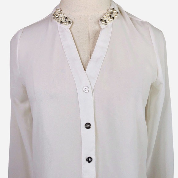 BCBG MaxAzria Blouse Sheer White Chiffon Jeweled Collar XS - Picture 2 of 9